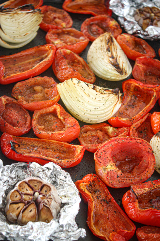 roasted pepper, tomatoes, onion, and garlic