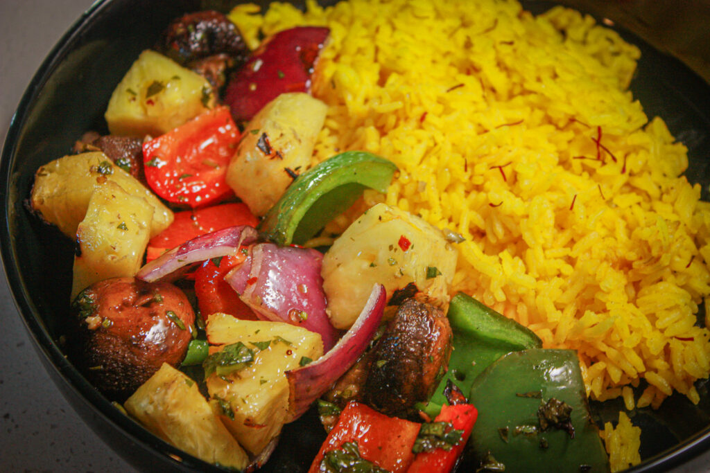 veggie kabobs and saffron rice with chimichurri