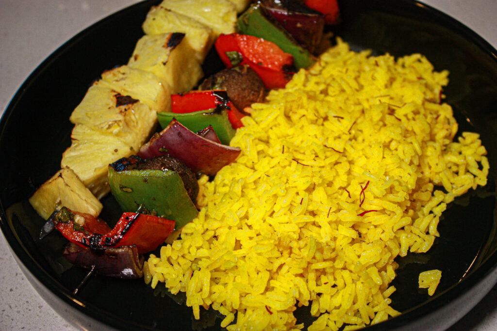 saffron rice and turmeric kabobs