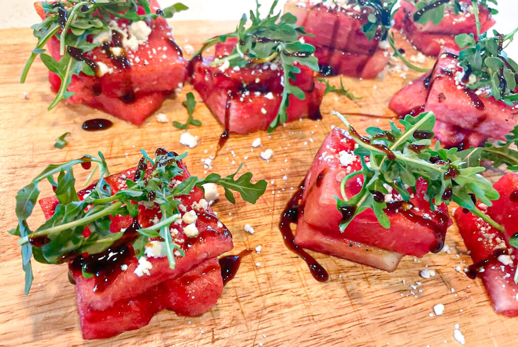 grilled watermelon with goat cheese and arugula