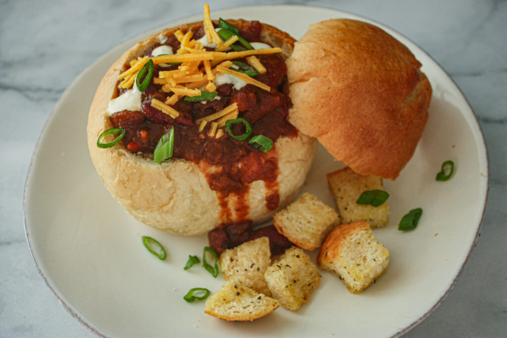 chili bread bowl and croutons