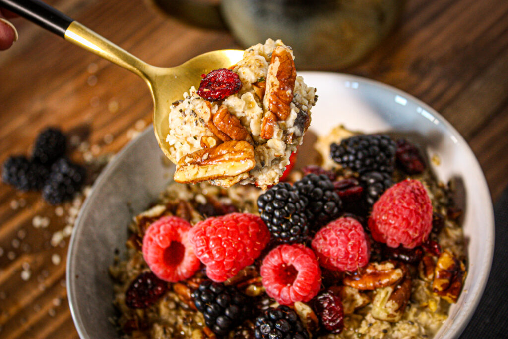 berry vegan oatmeal with nuts and fruit