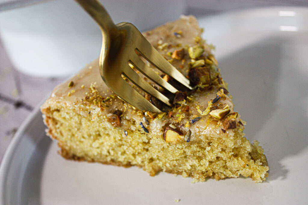 slice of olive oil cake lemon pistachio lavender