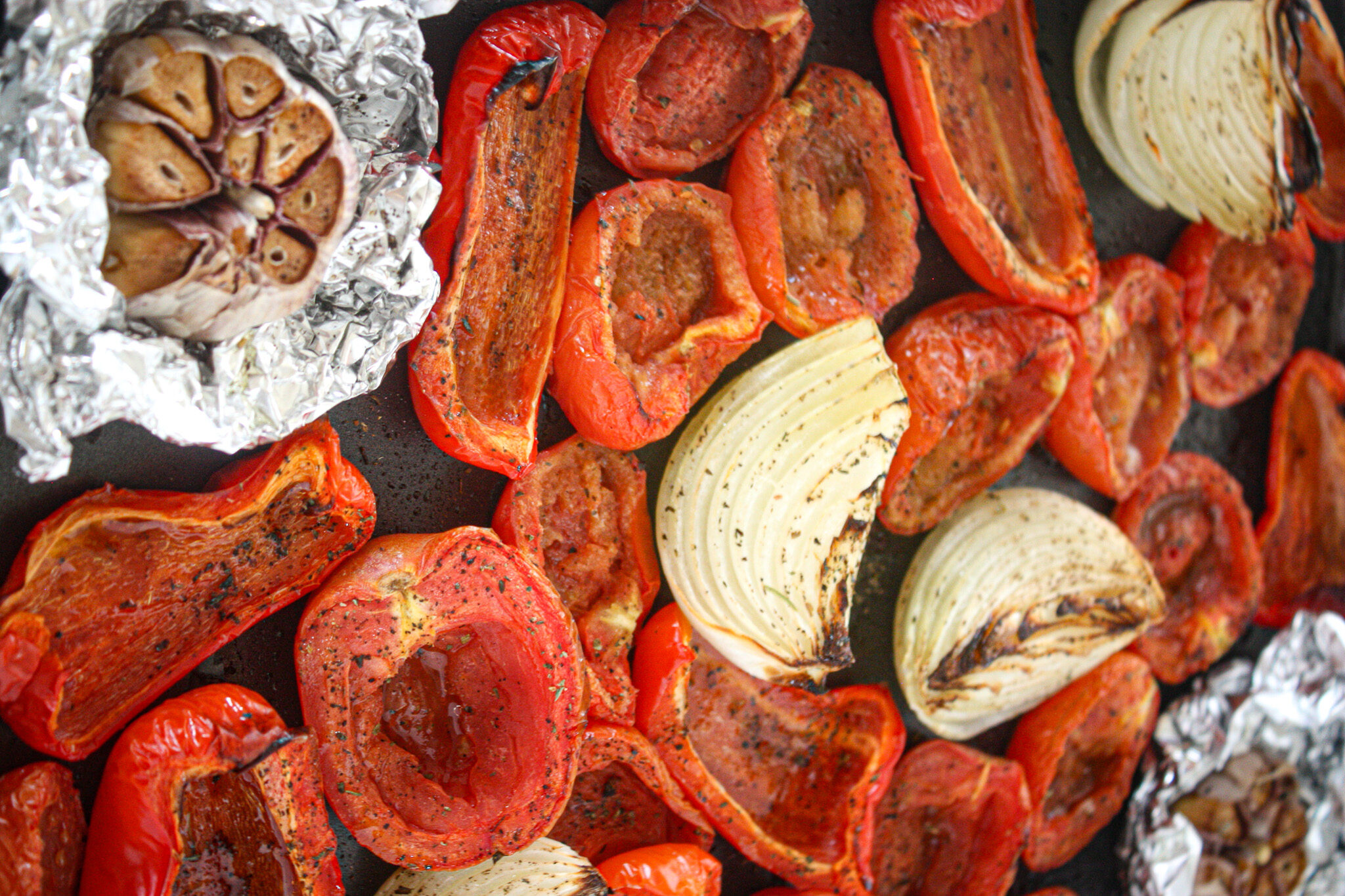 roasted pepper, tomatoes, onion, and garlic