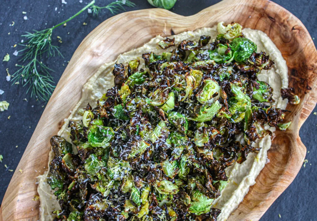 shaved brussel sprouts with hummus